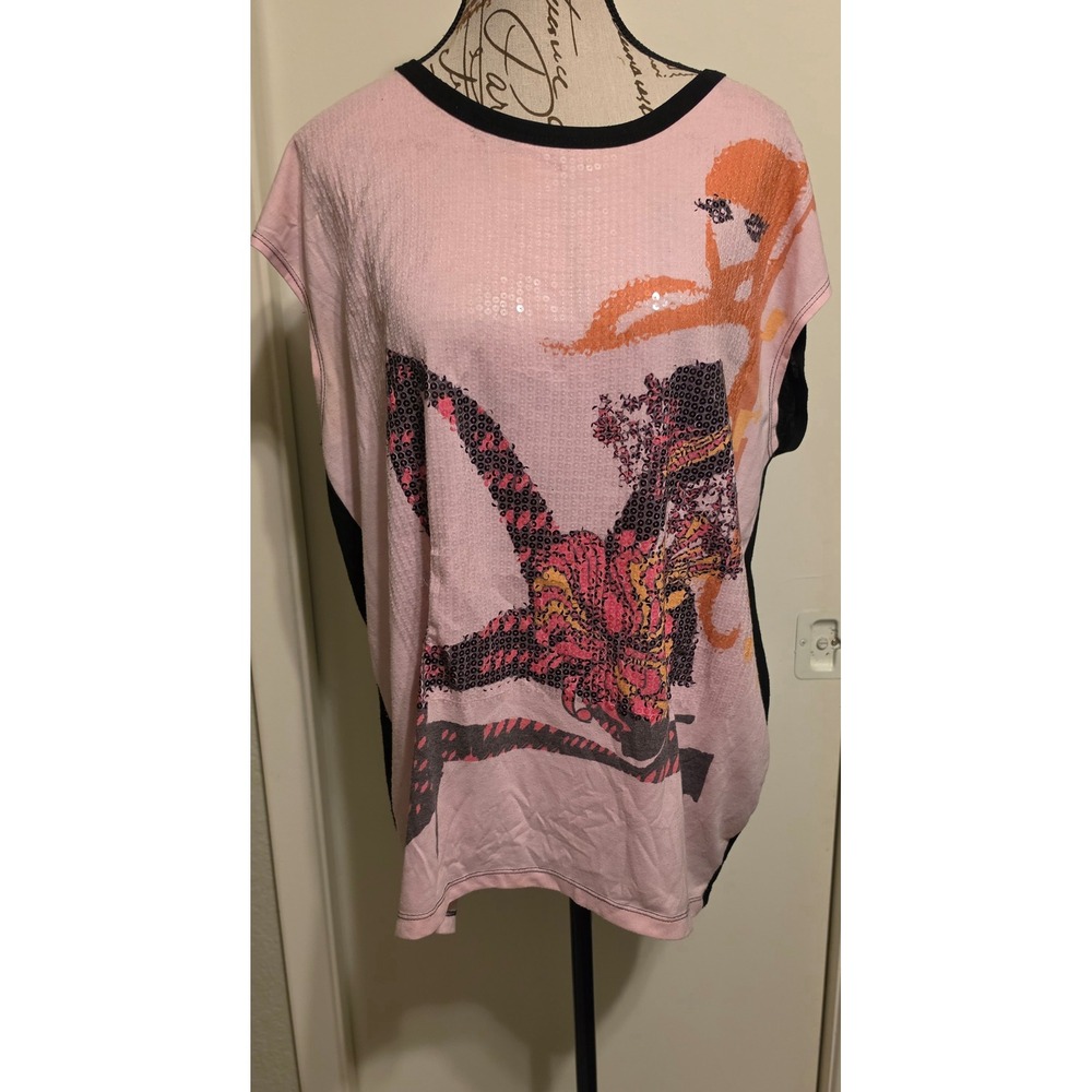 Vintage Custo Barcelona Custo Line Pink Black Sequin Graphic Top Size M